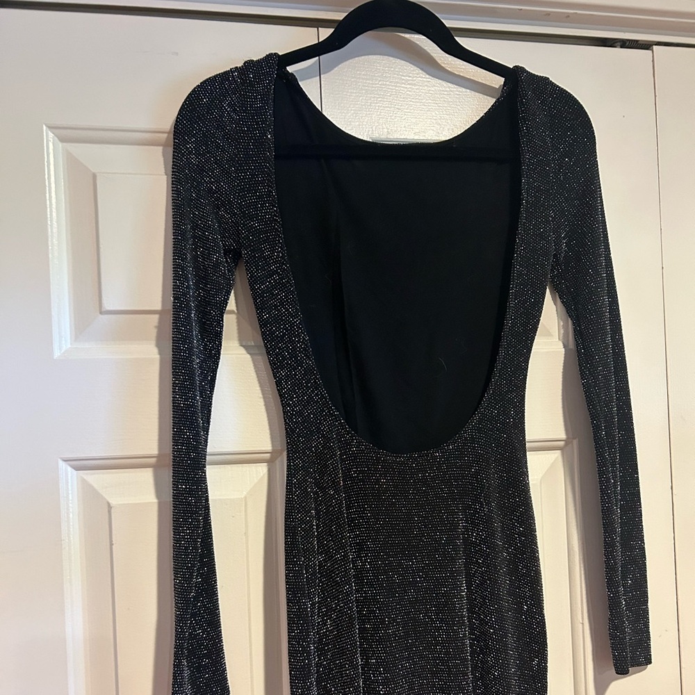 Silence + Noise L Black Gold Open Back Shimmer Long Sleeve Mini Dress Bodycon